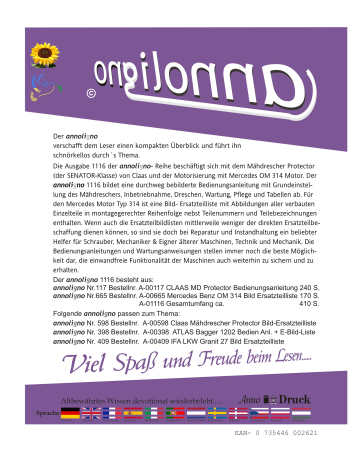 Claas Mähdrescher Protector (der SENATOR-Klasse) & Mercedes OM 314 Bild- Bedienungsanleitung & Bild-Ersatzteilliste & Explosionszeichnungen - annoligno 1116